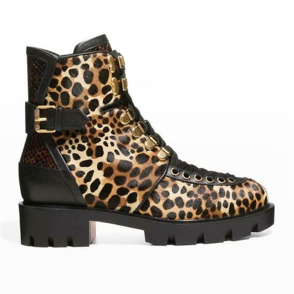 NIB Christian Louboutin MACADEMIA Leopard Pony Lace Up Moto Biker Combat Boots - Picture 3 of 12